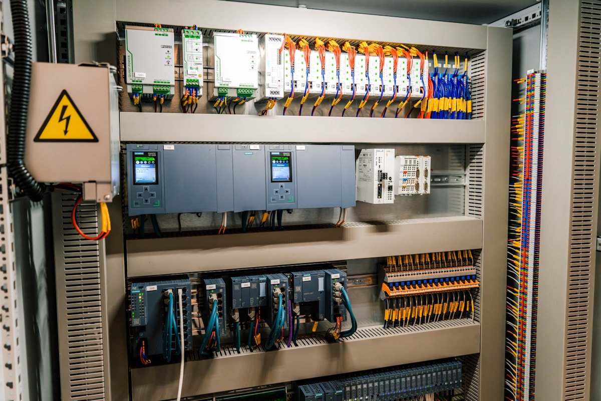 Painel de automação industrial com módulos e fiação